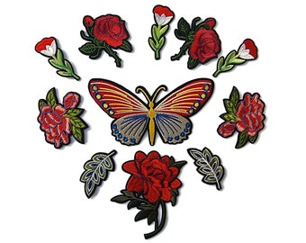 Butterfly Roses Flowers Embroidered Iron On Jacket Patch Set Applique Art