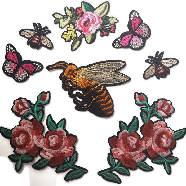 XL Bee Butterfly Flowers Roses Embroidered Patch Set for full Jacket back