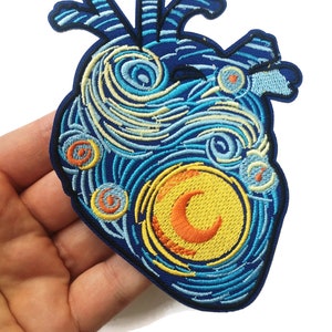 Van Gogh Starry Night Embroidered Anatomical Heart Patch Iron On Quality Crafts Applique Art 4.5&quot; 11.5 cm
