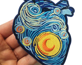 Van Gogh Starry Night Embroidered Anatomical Heart Patch Iron On Quality Crafts Applique Art 4.5&quot; 11.5 cm