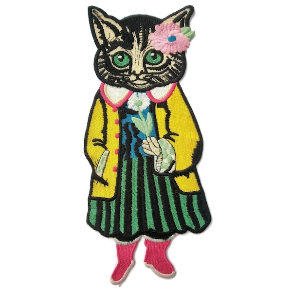 Parche de tapiz flexible termoadhesivo con diseño de gatito grande con flor, 28 cm