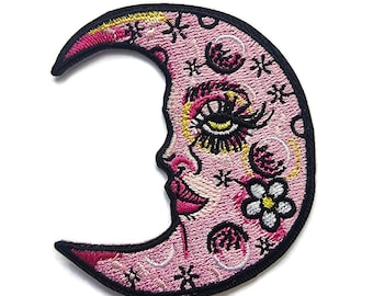 Person in the Moon Embroidered, shaped, Quality Iron on Patch