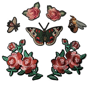 XL Roses Butterfly Bee Embroidered Iron On Jacket Patch Set Applique Art