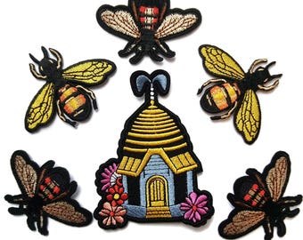Bee Hive With Bees Embroidered Iron on Original Patch Set