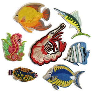 Set of 7 Seaside Patches Prawn Seahorse Swordfish & Fish Quality Precision Embroidered iron on