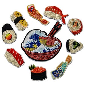 寿司パッチ 和食刺繍アイロンパッチセット S、M、L