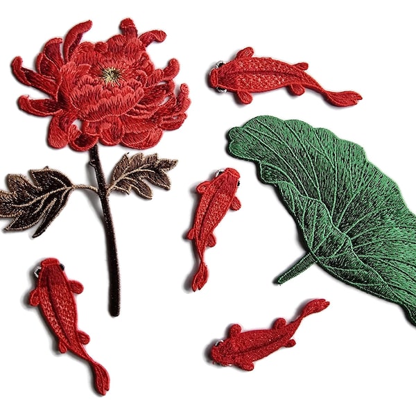 Set di toppe ricamate con carpe koi, foglie di loto e fiori, da cucire, per schienali di giacche e lavori di artigianato.
