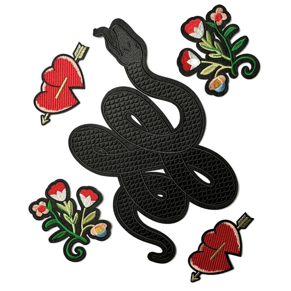 XL Black Snake With Flowers Hearts Embroidered Patch Iron On Quality Applique