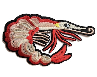 Prawn Shrimp Embroidered Patch Cut Out Iron On Applique 4.75"
