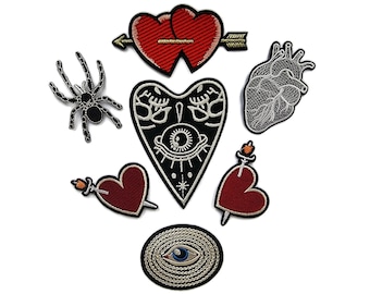 Mystic Gothic Embroidered Patch Set Quality Iron On Hearts, Spider and Eyes