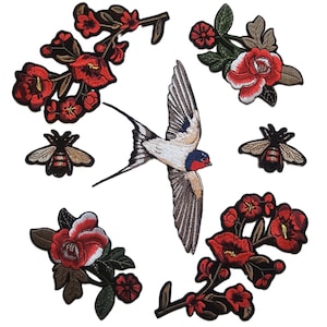 Duża jaskółka z kwiatami i pszczołami haftowana naszywka do prasowania na kurtkę