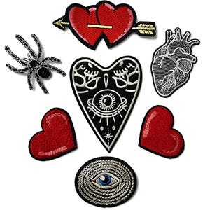 Mystic Gothic Embroidered Patch Set Quality Iron On Hearts, Spider and Eyes