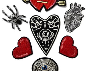 Mystic Gothic Embroidered Patch Set Quality Iron On Hearts, Spider and Eyes