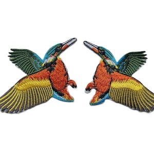 Par de parches de martín pescador volador bordados con precisión, apliques de pájaro de calidad para planchar