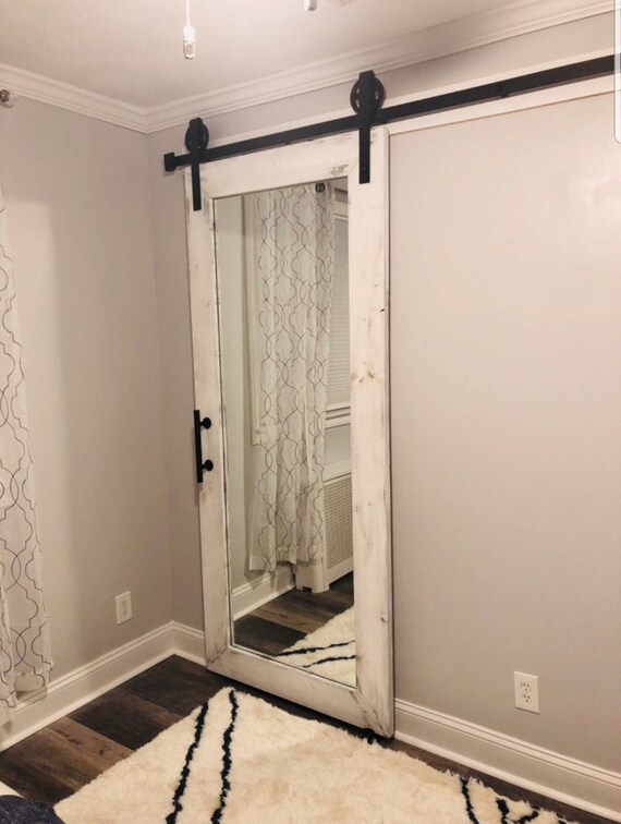 Distressed White Rustic Mirrored Sliding Barn Door Full Length Glass Mirror Interior Door