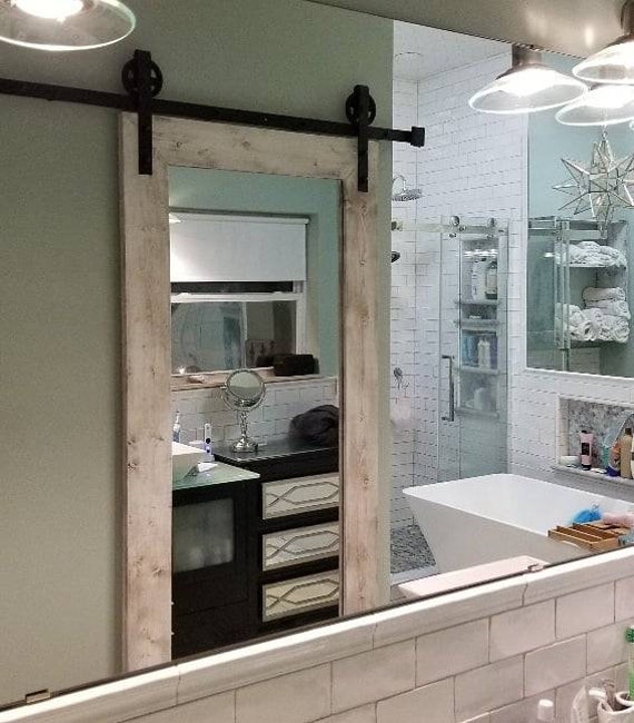 Rustic Mirrored Sliding Barn Door 30 X 84 Etsy