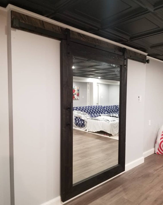 Rustic Mirrored Sliding Barn Door 48 X 84 Ebony Stain Customizable Interior Door Hardware Optional