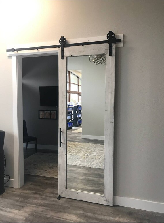 Distressed White Rustic Mirrored Sliding Barn Door Etsy
