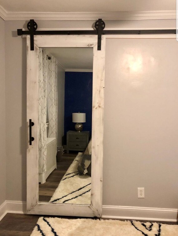 Distressed White Rustic Mirrored Sliding Barn Door Etsy