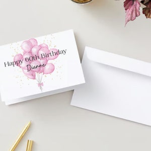 Cartão de aniversário personalizado, cartão de felicitações personalizado, cartão de feliz aniversário com nome e idade, cartão com balões rosa, para impressão, PDF digital