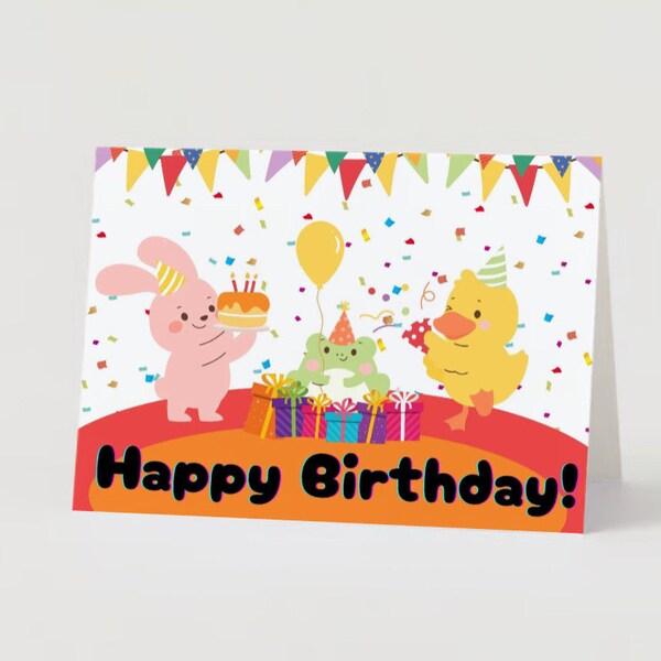 Kids Birthday Card, Happy Birthday Greeting Card for Little Boy or Girl, Rabbit Duck Frog, Foldable Blank Card, Childrens Birthday Card