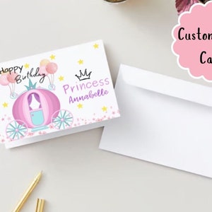 Aangepaste verjaardagskaart, gepersonaliseerde verjaardagskaart, prinsessenkaart, kaart met prinsessenwagen, kaart met ballonnen, afdrukbaar, digitaal, pdf