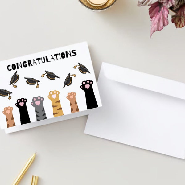 Graduation Card, Congratulations, Congrats, Digital Download, High School Graduation, Grad School, Card with Paws, Cute Card with Cats