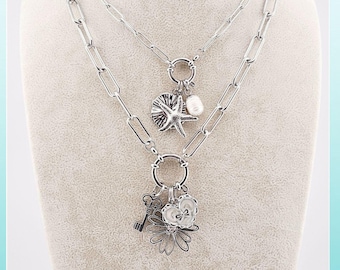 Custom Charm Necklace with Removable Charms, Paperclip Chain