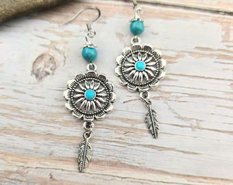 Silver Turquoise Concho Drop Southwestern Earrings