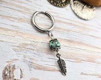 Pirate Feather & African Turquoise Hoop Single Earring