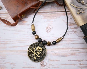 Pirate Bronze Pendant Beaded Genuine Leather Necklace
