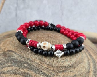 Beaded Pirate Bracelets, Adjustable Unisex Stacking Bracelets, Red & Black