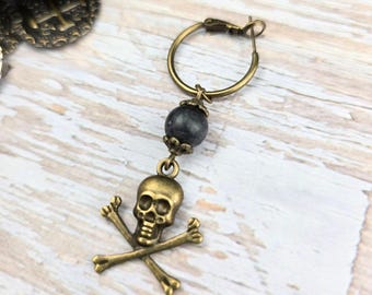 Pirate Bronze Skull & Stone Hoop Earring, Single
