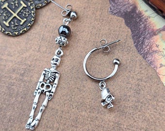 Pirate A-Symmetrical Silver Skeleton & Skull Earrings