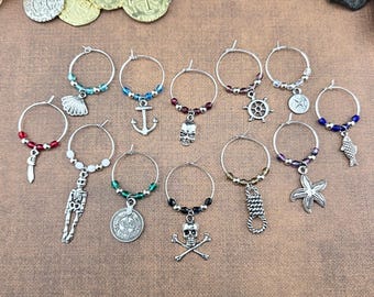 Pirate Themed 12pc Wine Glass Charms Set, Beaded Stemware Charms
