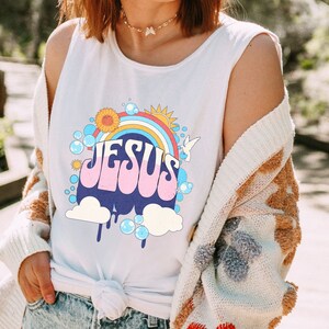 Boho Retro 60&#39;s Jesus Tank, Rainbow Sun Jesus Tank for Her, Trendy Christian Shirt, Retro 60&#39;s Summer Rainbow Tank, Christian Gift for Her