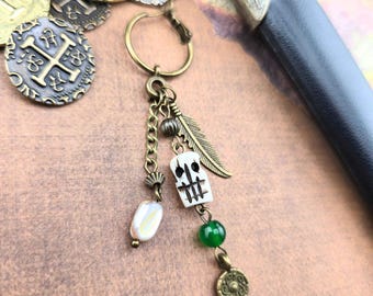 Pirate Skull & Jade Bronze Hoop Single Earring