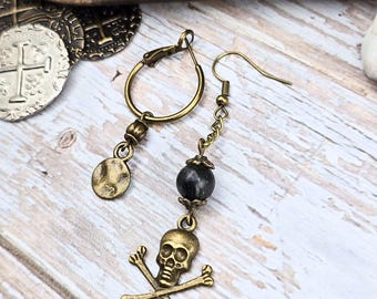 Pirate A-Symmetrical Bronze Skull & Black Stone Earrings