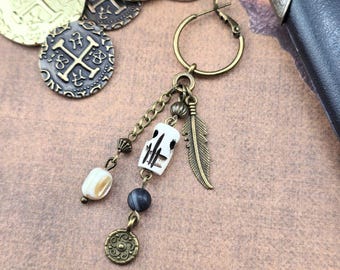 Pirate Skull & Black Agate Bronze Hoop Single Earring