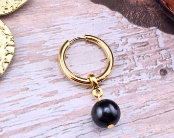 Pirate Gold Hoop Black Pearl Hoop Earring, Single