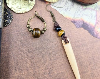 Pirate A-Symmetrical Rustic Bone Spike Earrings, Bronze Beaded, Unisex