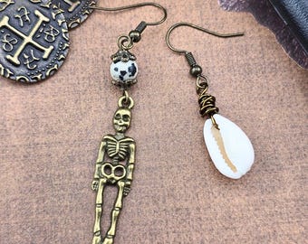 Pirate A-Symmetrical Bronze Skeleton Shell & Gem Earrings