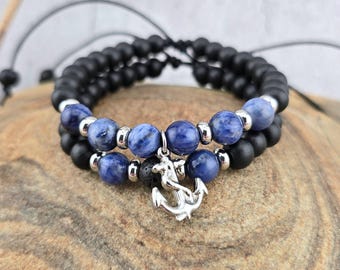 Pirate Blue & Black Gemstone Stacking Bracelets, Leather, Anchor