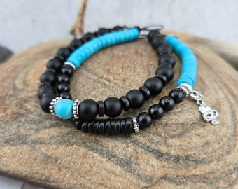 Beaded Pirate Bracelets, Adjustable Unisex Stacking Bracelets, Turquoise & Black