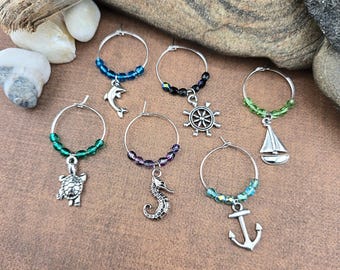 Cute Nautical 6pc Wine Glass Charms Set, Beaded, Sea Animals