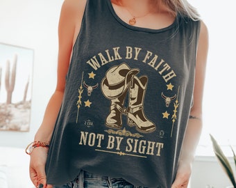 Boho Western Christian Tank, Bible Verse Comfort Colors Cowboy Boots Tank, Trendy Christian Tank, Walk By Faith Tank, Christian Gift for Her