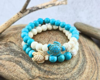 Sea Turtle Stone Beaded Stretch Bracelet, Turquoise, White & Black