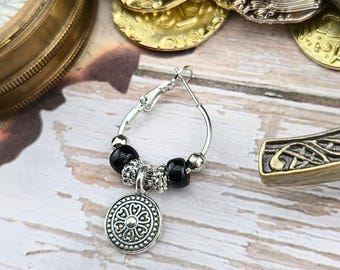 Pirate Single Hoop Silver Beaded Earring, Silver & Black