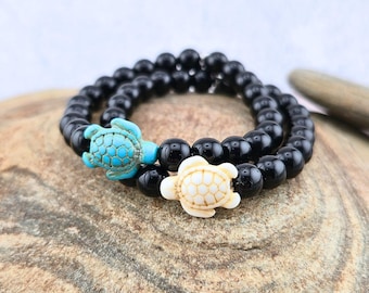 Sea Turtle Stone & Glass Beaded Stretch Bracelet, Black