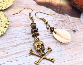 Pirate A-Symmetrical Tiger's Eye & Shell Bronze Skull Earrings